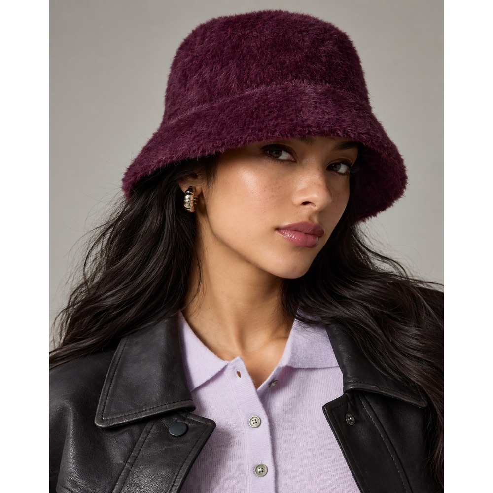 Burgundy Angora Blend Fuzzy Bucket Hat Y2K 90s Winter Cozy